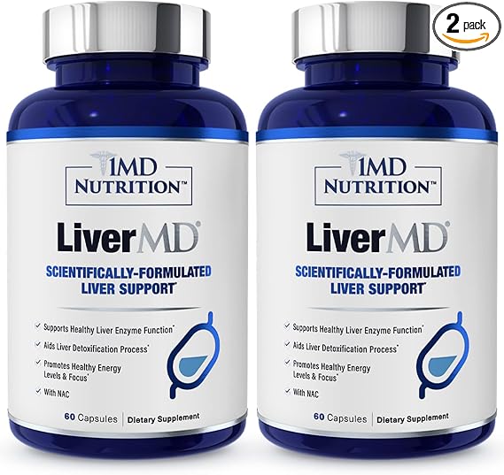 1MD LiverMD - Liver Support Supplement | Siliphos Milk Thistle Extract - Highly Bioavailable, for Liver Support | 60 Capsules (2-Pack)