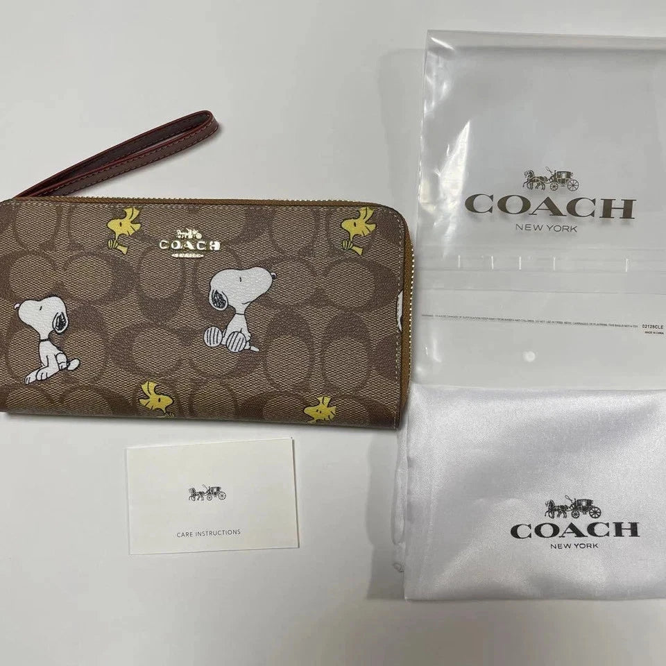 COACH x PEANUTS Long Zip around Wallet Snoopy Woodstock Khaki Signature