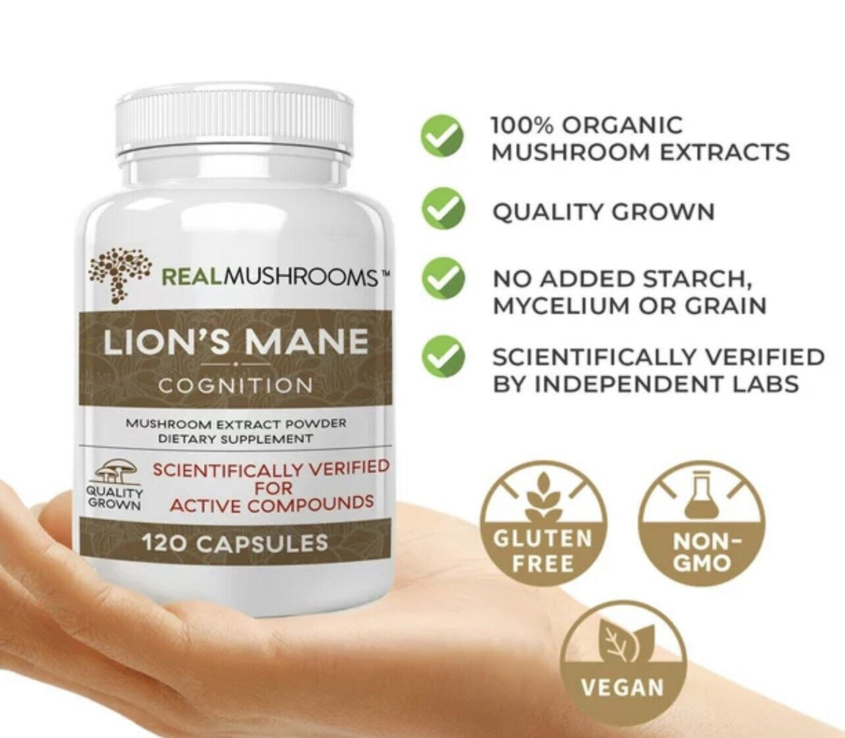 Real Mushrooms Organic Lions Mane Mushroom Capsules - 120 Count