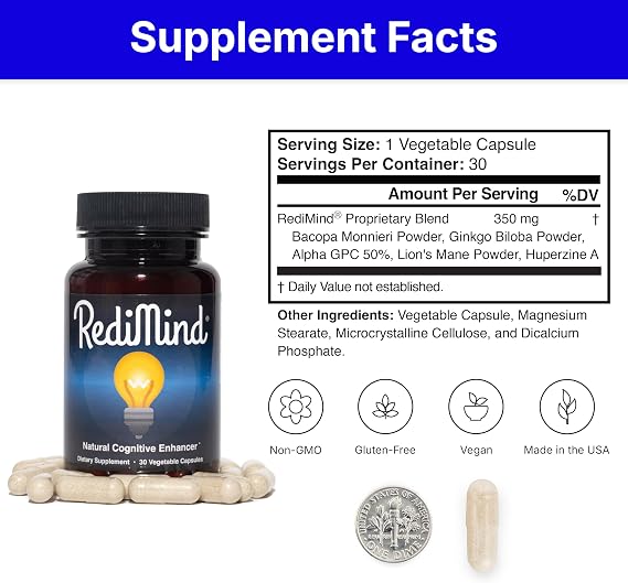 RediMind Natural Cognitive Support and Brain Supplement, Vegan, Gluten-Free