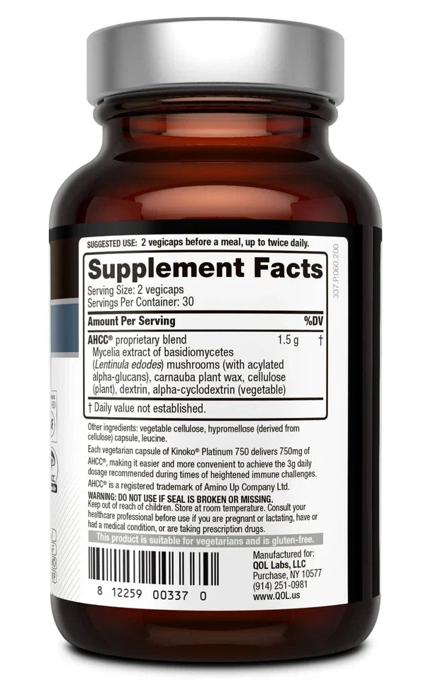Kinoko Platinum AHCC 750 mg - Immune Supplement - Quality of Life - 60 Count