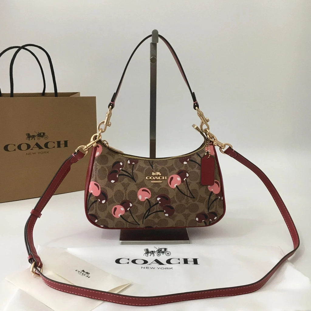 NWT COACH CY694 Teri Shoulder Bag Signature Canvas Cherry Print Tan Brown Outlet