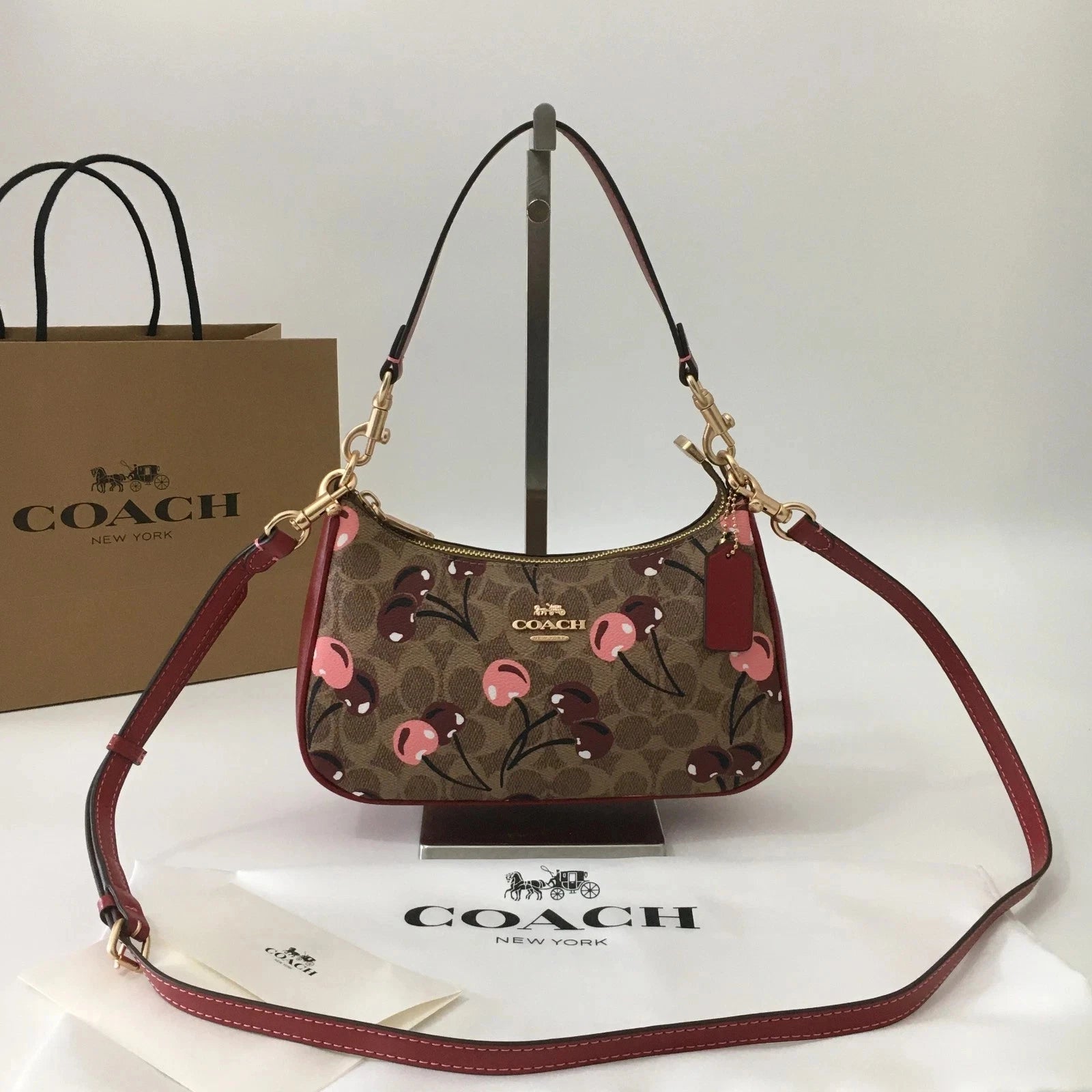 NWT COACH CY694 Teri Shoulder Bag Signature Canvas Cherry Print Tan Brown Outlet