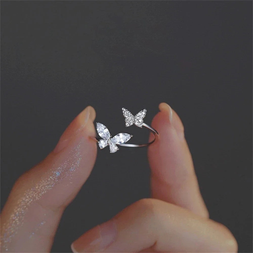 Adjustable Butterfly Crystal Ring Women Silver Color