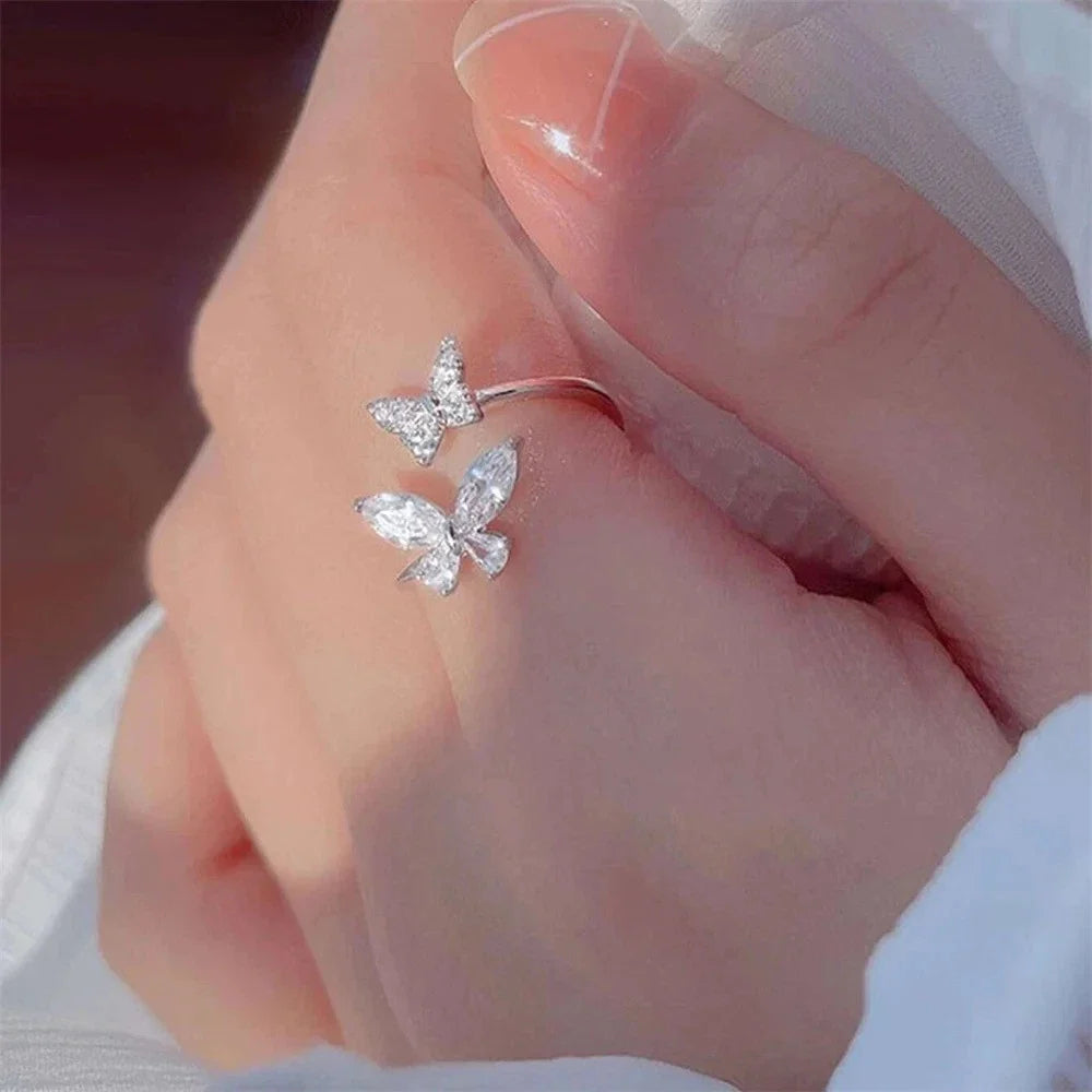 Adjustable Butterfly Crystal Ring Women Silver Color
