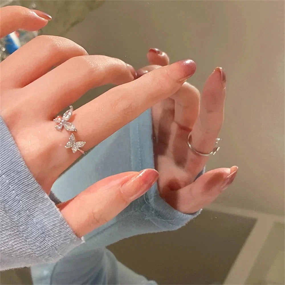 Adjustable Butterfly Crystal Ring Women Silver Color
