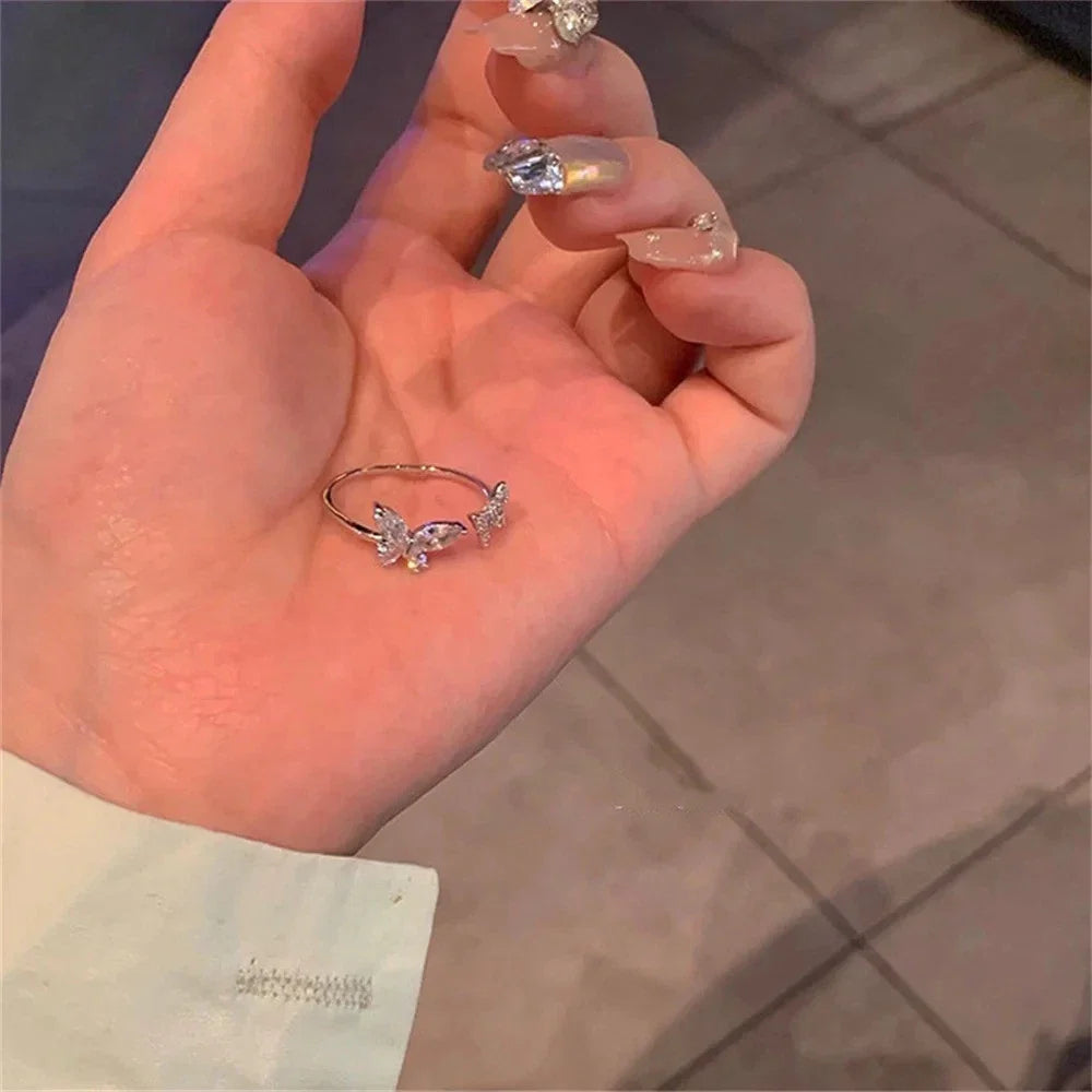 Adjustable Butterfly Crystal Ring Women Silver Color