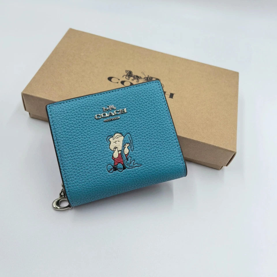COACH Classic Cartoon Print PEANUTS Blue Zipper Foldable Wallet