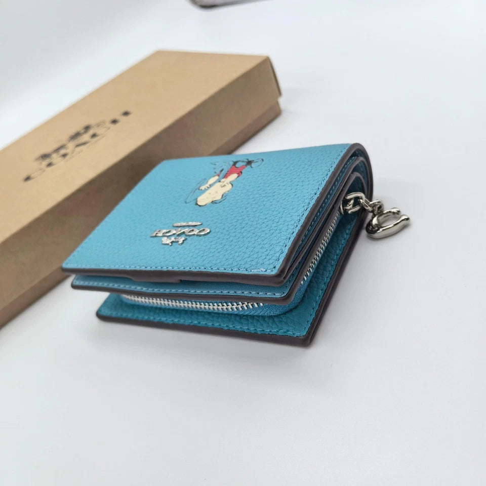 COACH Classic Cartoon Print PEANUTS Blue Zipper Foldable Wallet