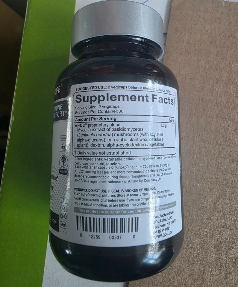 Q of Life AHCC Kinoko Platinum 750mg Immune Support 60 Veg Caps
