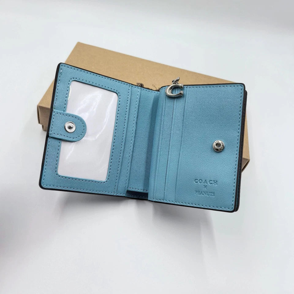 COACH Classic Cartoon Print PEANUTS Blue Zipper Foldable Wallet