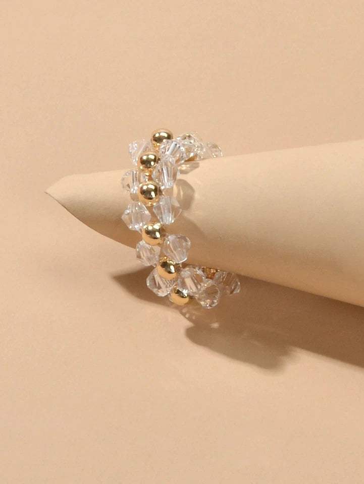 Transparent Gold Beads Elastic Finger Ring Women Girls Band Textured Jewellery