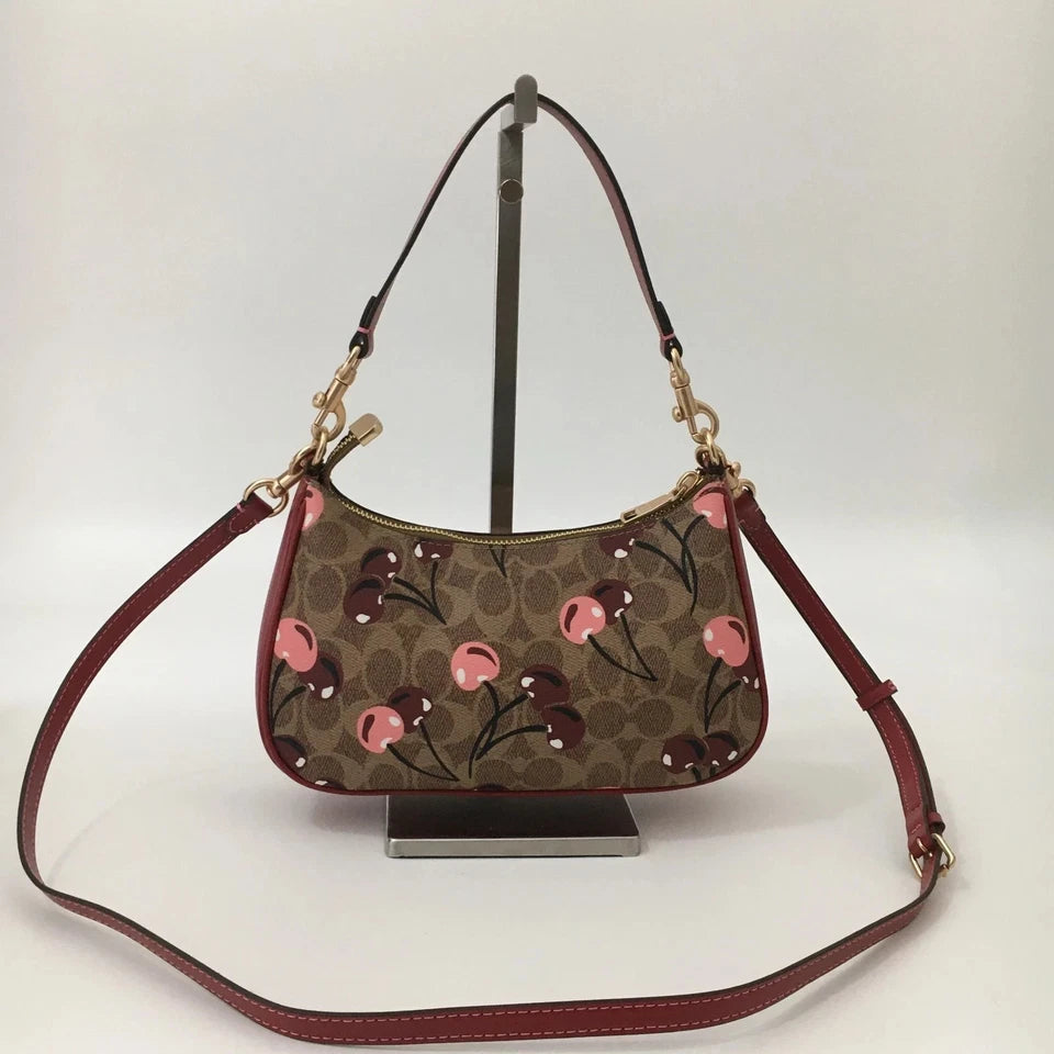 NWT COACH CY694 Teri Shoulder Bag Signature Canvas Cherry Print Tan Brown Outlet