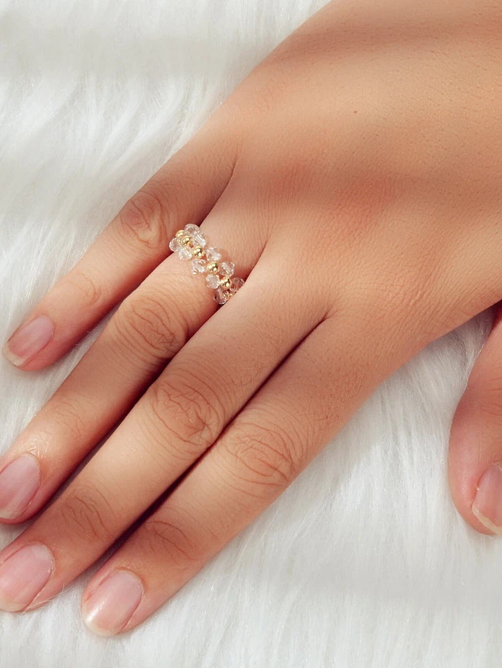Transparent Gold Beads Elastic Finger Ring Women Girls Band Textured Jewellery
