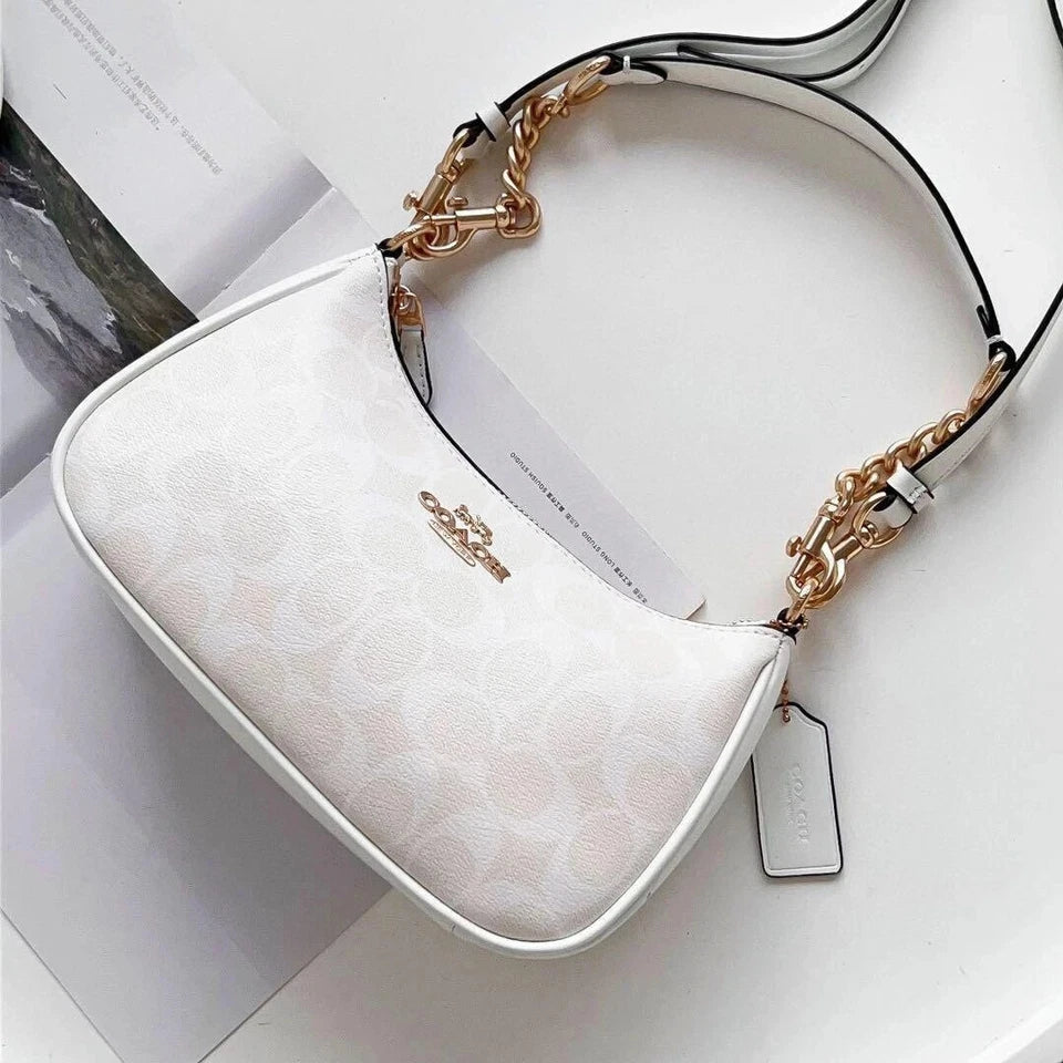 Coach Teri 2Way Shoulder Bag CA548 Signature Canvas White Smooth Leather