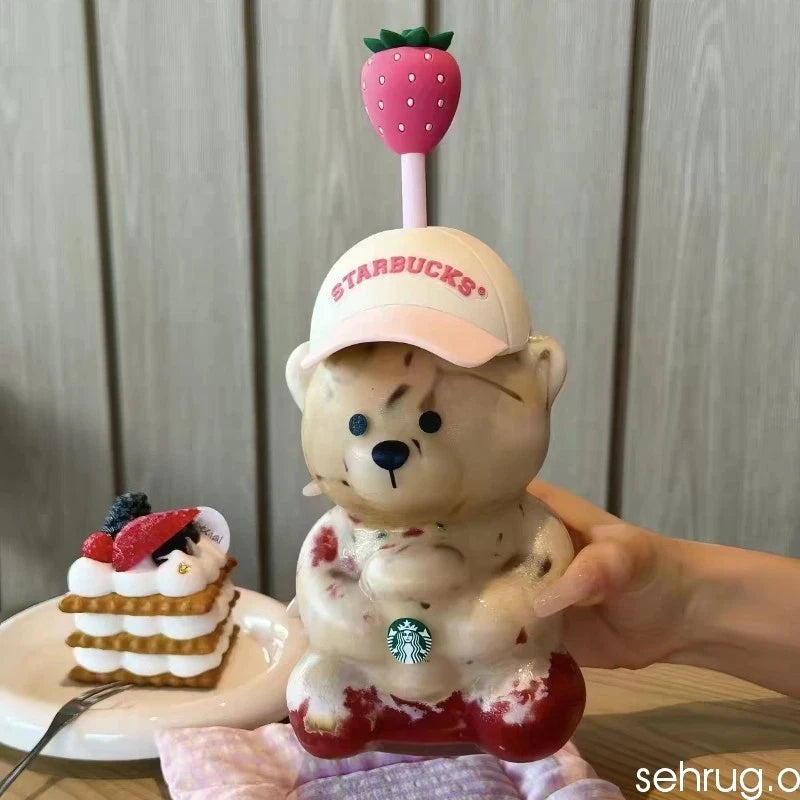 New 20OZ Starbucks Bearista Bear Cup Tumblers W/ Strawberry Topper Baseball Cap