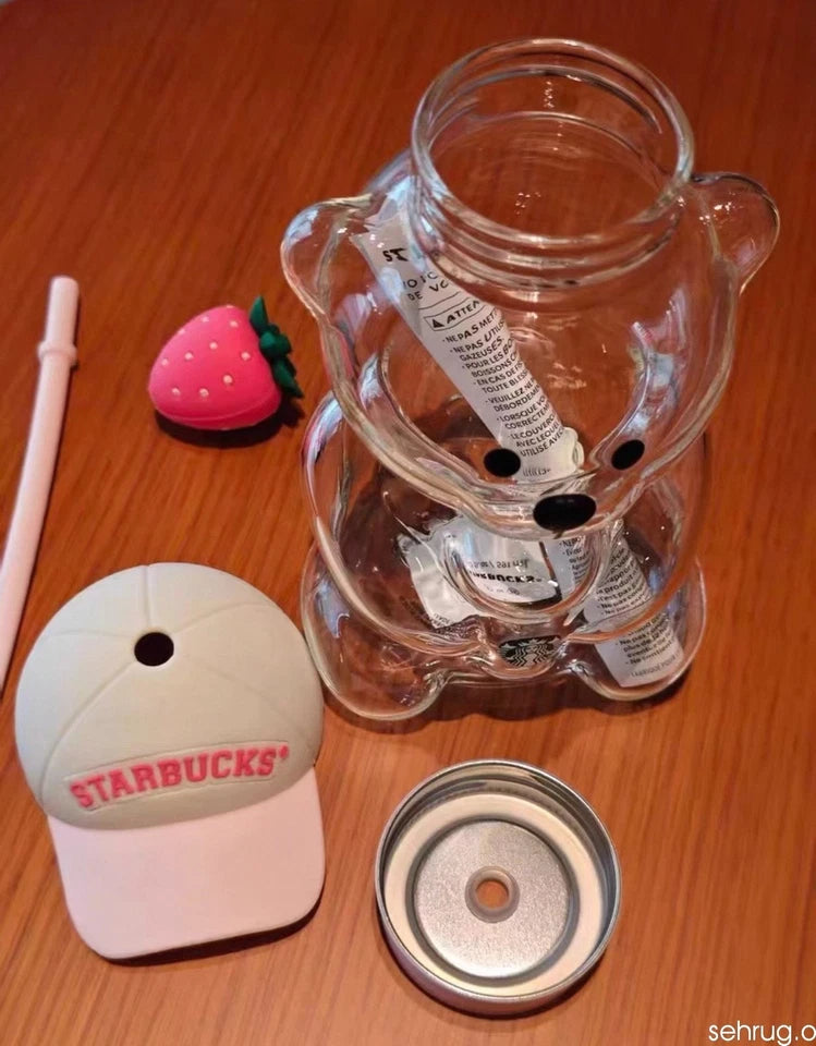 New 20OZ Starbucks Bearista Bear Cup Tumblers W/ Strawberry Topper Baseball Cap